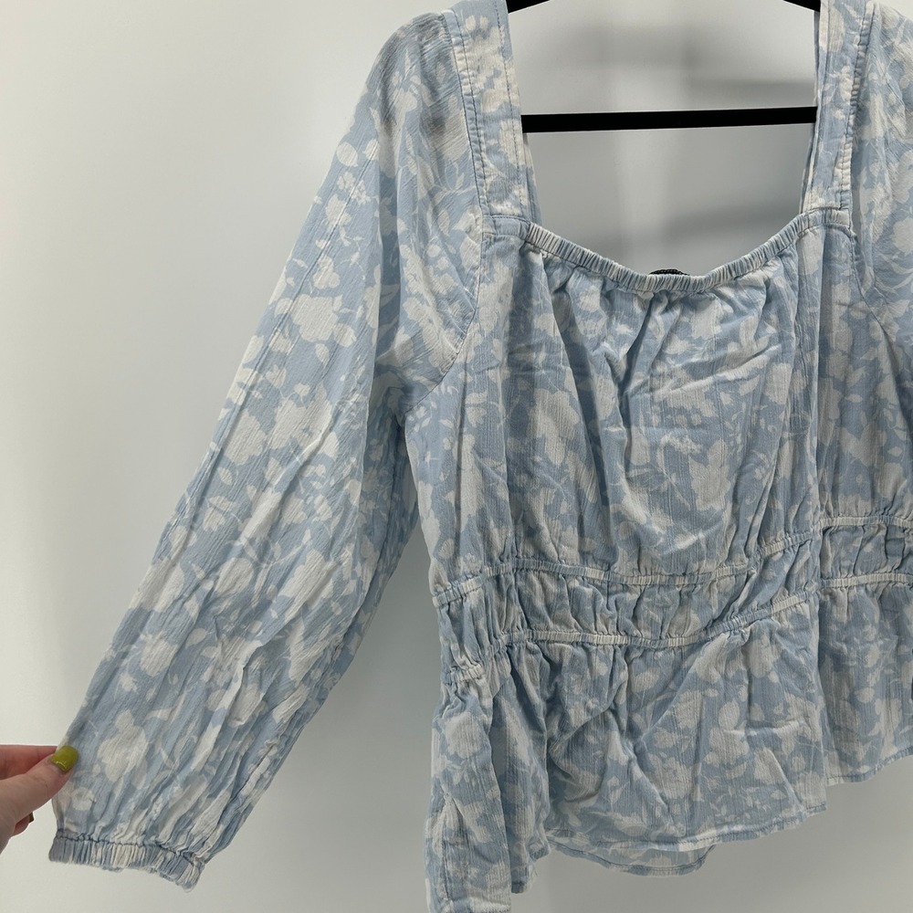 Free Assembly Light Blue Floral Square Neck Peplum Cotton Blouse XXL Cottagecore - Picture 2 of 9